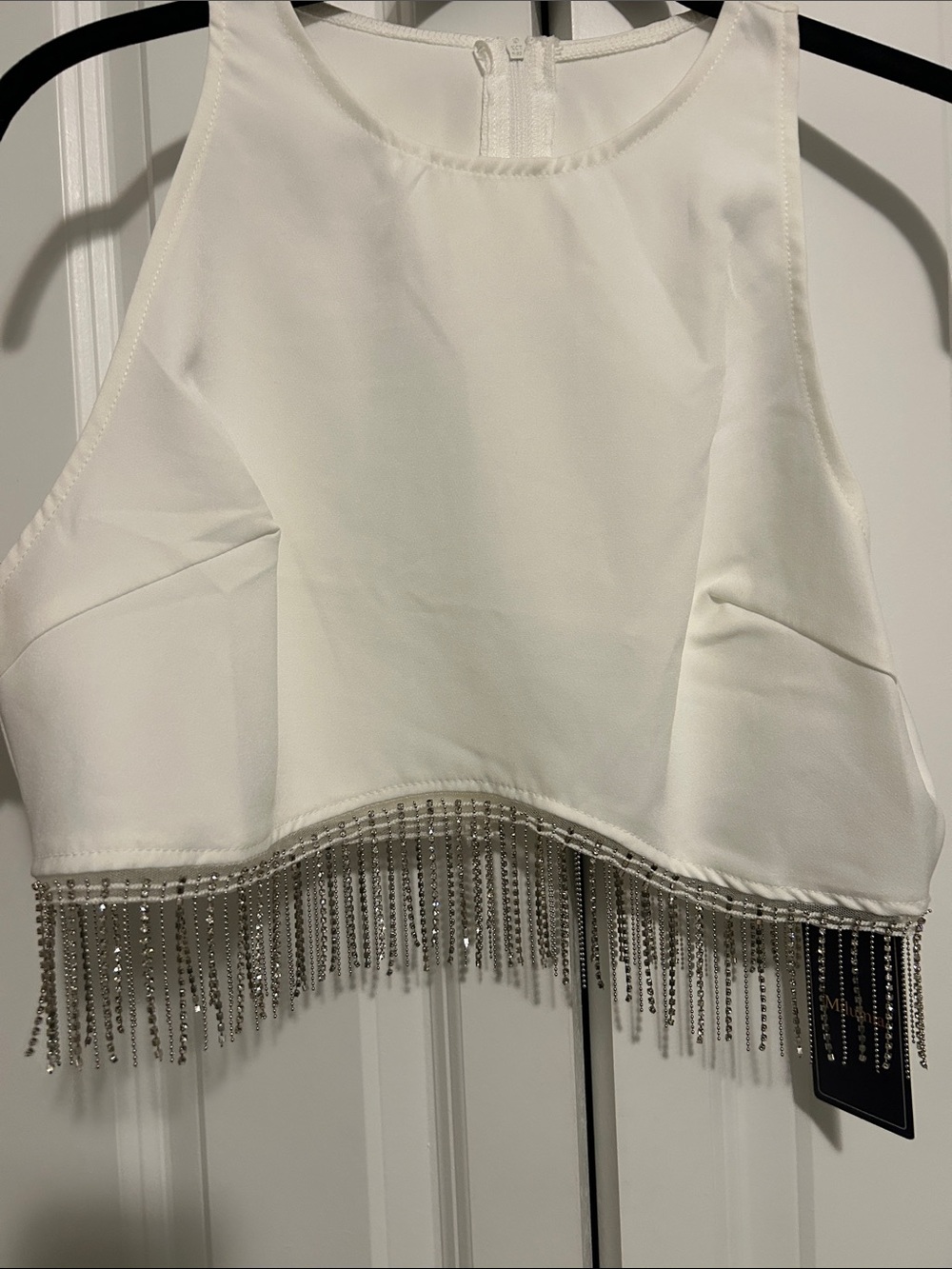 White Beaded Fringe Halter Crop Top